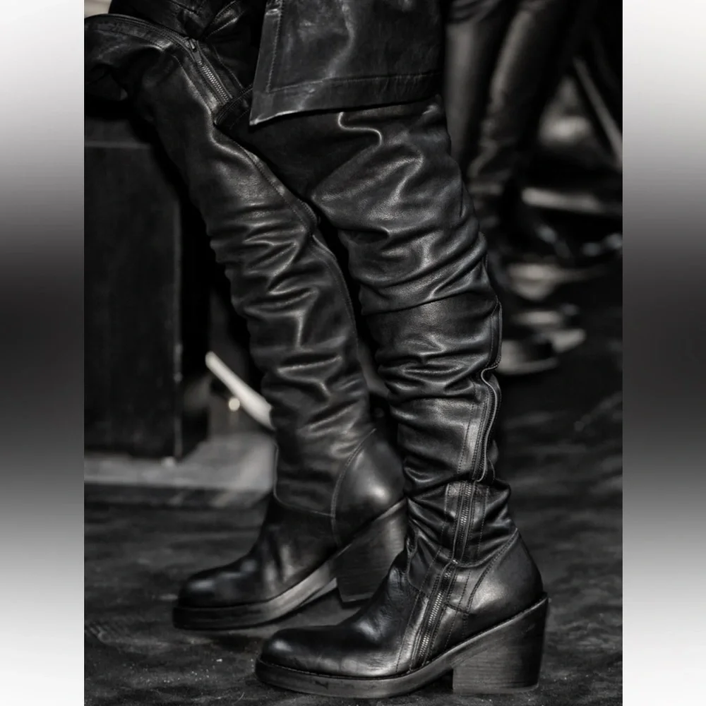Ann Demeulemeester Spiral Zip Over The Knee Black Leather Runway Boots Sz 7.5